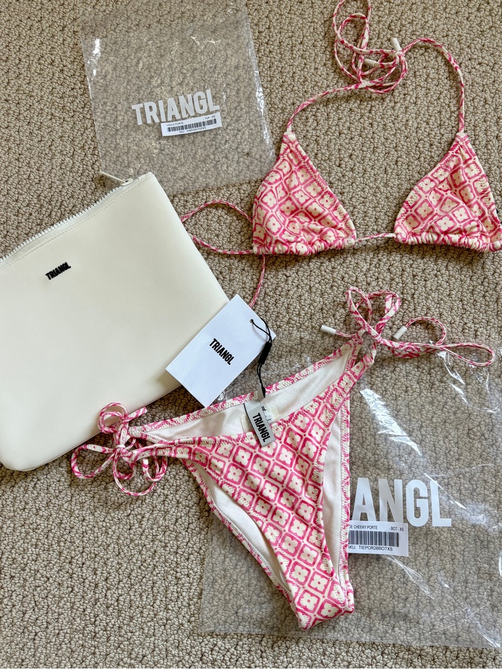 Triangl swimwear Pink & Cream Geometric triangle Bikini Top & bottoms